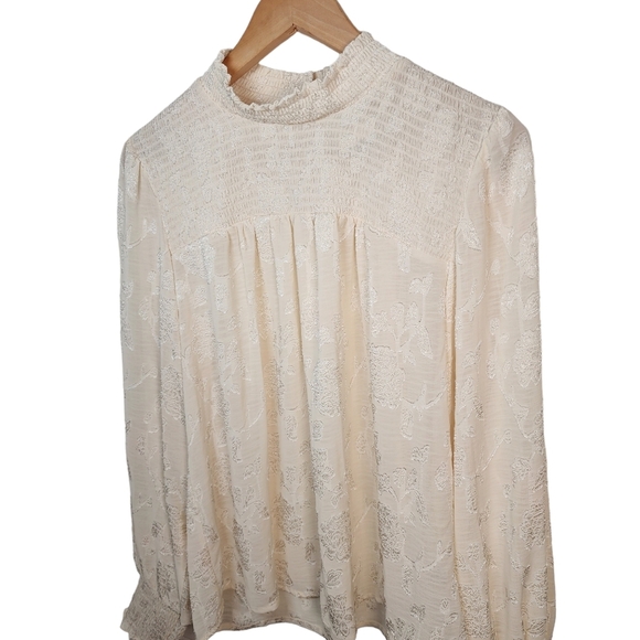 Knox Rose blouse sheer cream smocked jacquard long sleeves back button medium - Picture 7 of 7